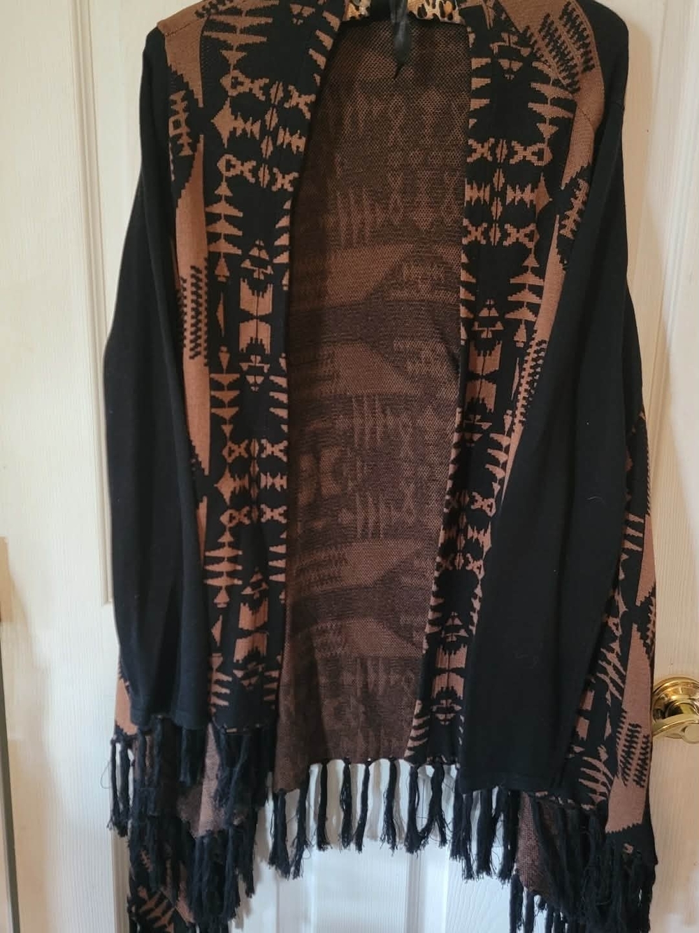 Rafaella Black and Brown Open-Front Fringe Cardigan Sweater